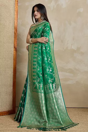 Green woven design zardozi satin mysore silk saree