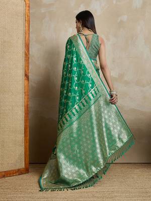 Green woven design zardozi satin mysore silk saree 3