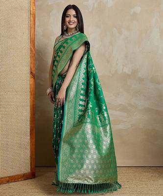 Green woven design zardozi satin mysore silk saree 4