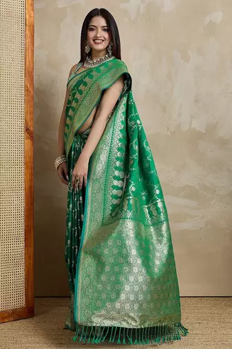 Green woven design zardozi satin mysore silk saree