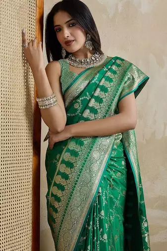 Green woven design zardozi satin mysore silk saree