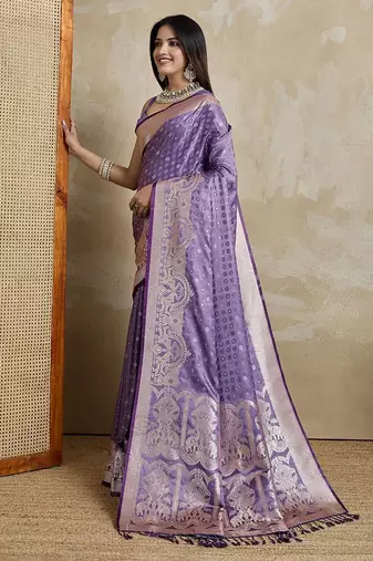 Lavender woven design zari satin mysore silk saree
