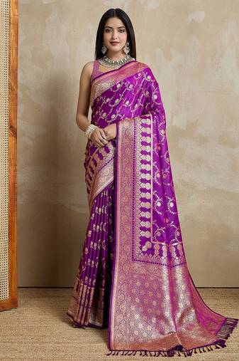 Violet woven design zardozi satin designer mysore silk saree