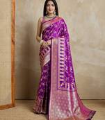 Violet woven design zardozi satin designer mysore silk saree