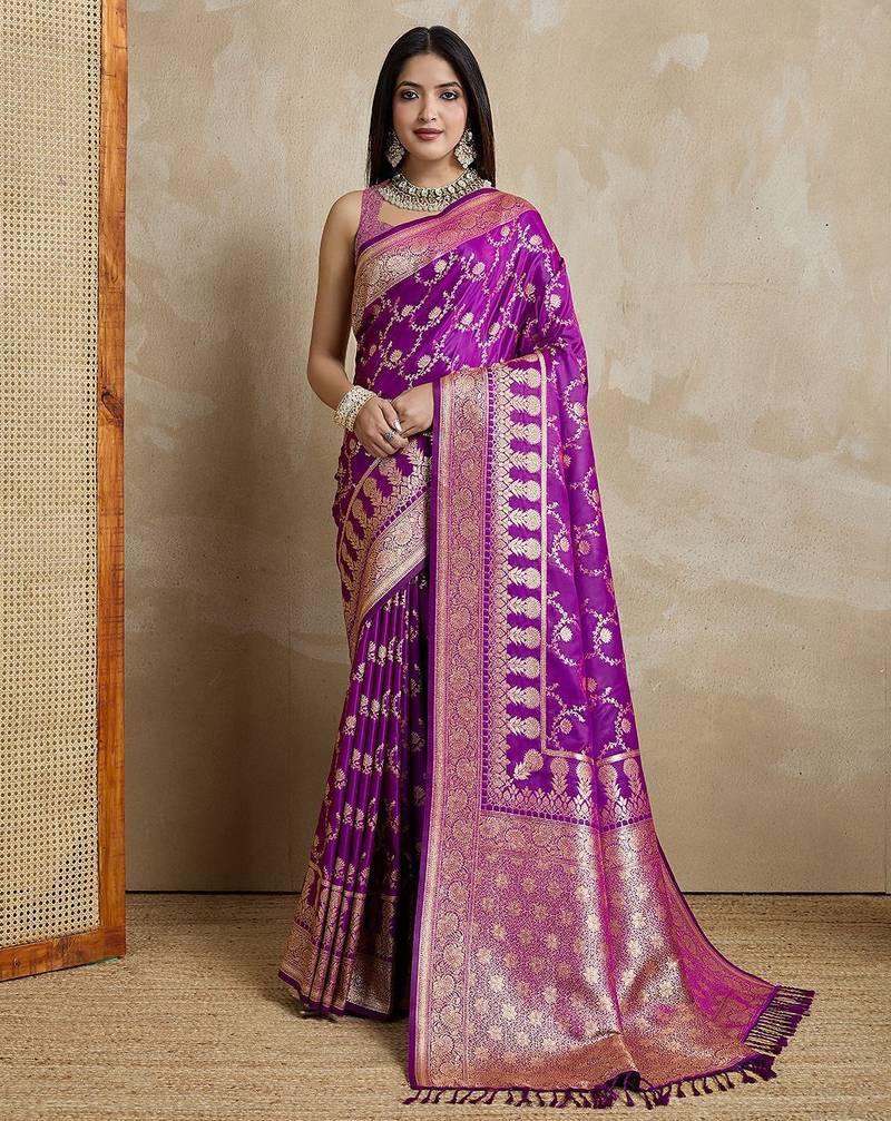 Violet woven design zardozi satin designer mysore silk saree