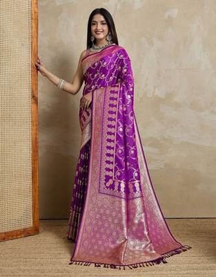 Violet woven design zardozi satin designer mysore silk saree 2
