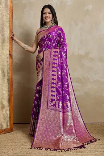 Violet woven design zardozi satin designer mysore silk saree