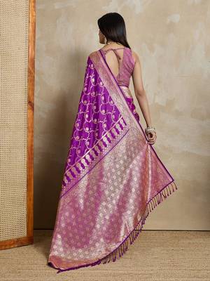 Violet woven design zardozi satin designer mysore silk saree 3