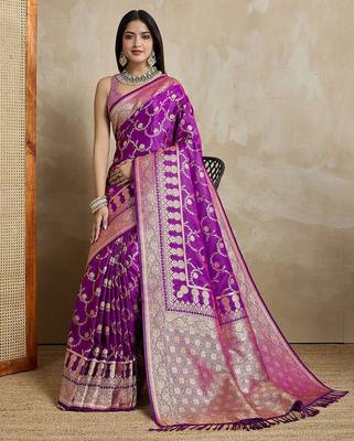 Violet woven design zardozi satin designer mysore silk saree 4