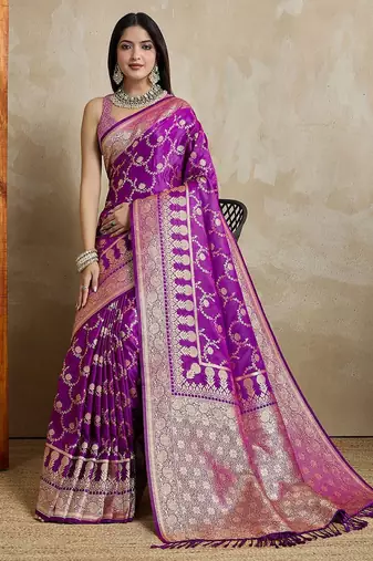 Violet woven design zardozi satin designer mysore silk saree