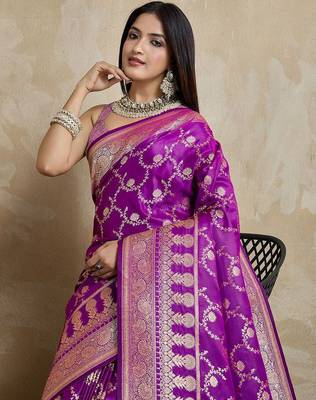 Violet woven design zardozi satin designer mysore silk saree 5