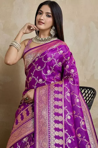 Violet woven design zardozi satin designer mysore silk saree