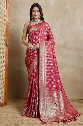 Red woven design zardozi satin mysore silk saree