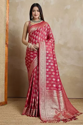 Red woven design zardozi satin mysore silk saree