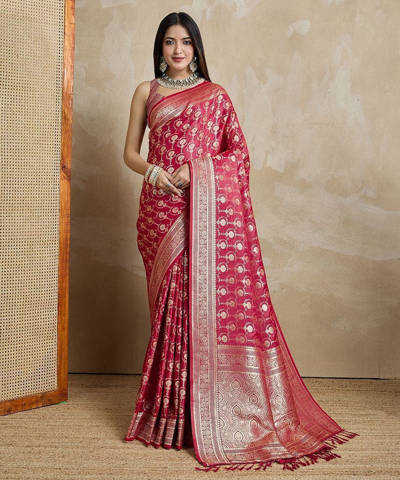 Red woven design zardozi satin mysore silk saree