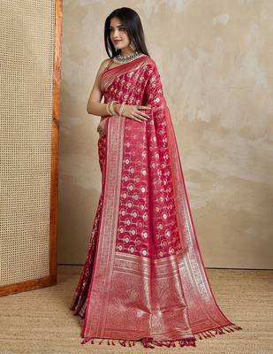 Red woven design zardozi satin mysore silk saree 2