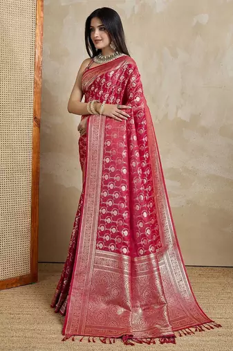 Red woven design zardozi satin mysore silk saree