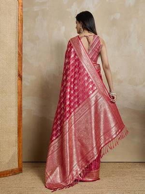 Red woven design zardozi satin mysore silk saree 3