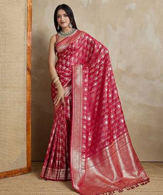 Red woven design zardozi satin mysore silk saree 4