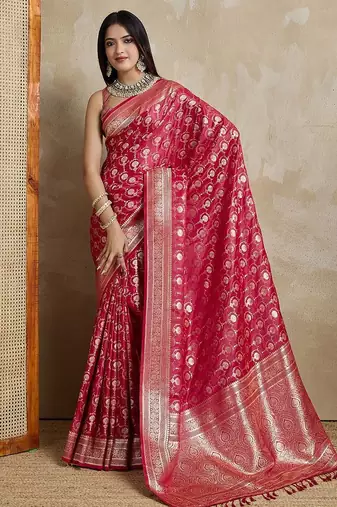 Red woven design zardozi satin mysore silk saree