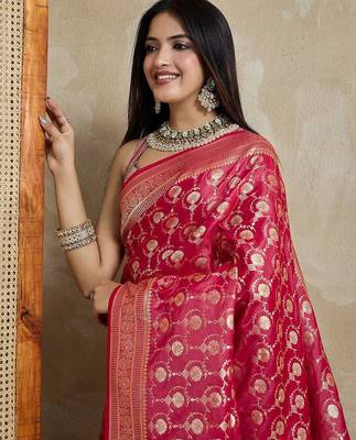 Red woven design zardozi satin mysore silk saree 5