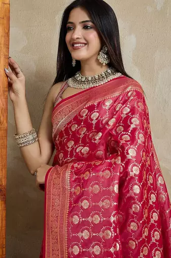 Red woven design zardozi satin mysore silk saree