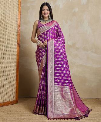 Purple woven design zardozi satin mysore silk saree 1