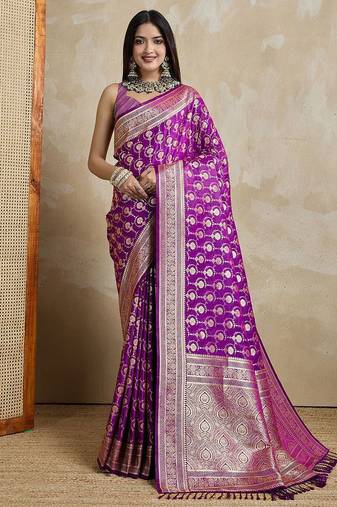 Purple woven design zardozi satin mysore silk saree