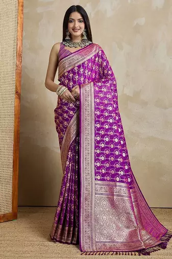 Purple woven design zardozi satin mysore silk saree