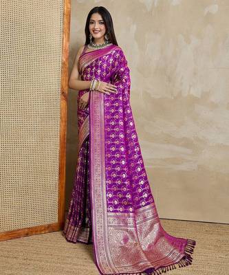 Purple woven design zardozi satin mysore silk saree 2