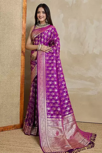 Purple woven design zardozi satin mysore silk saree