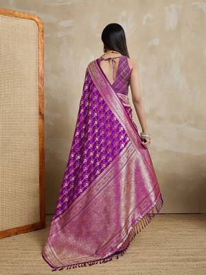 Purple woven design zardozi satin mysore silk saree 3