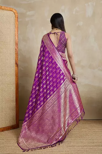 Purple woven design zardozi satin mysore silk saree