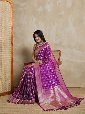 Purple woven design zardozi satin mysore silk saree 4