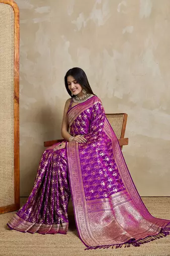 Purple woven design zardozi satin mysore silk saree