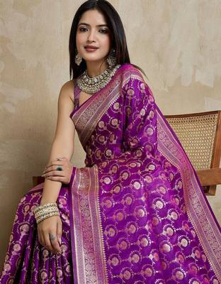 Purple woven design zardozi satin mysore silk saree 5