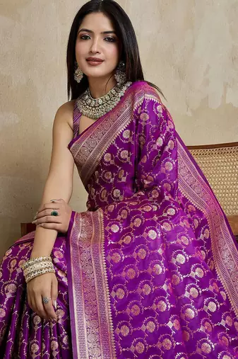 Purple woven design zardozi satin mysore silk saree