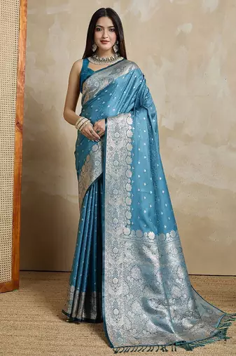 Teal woven design zardozi satin mysore silk saree