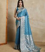 Teal woven design zardozi satin mysore silk saree