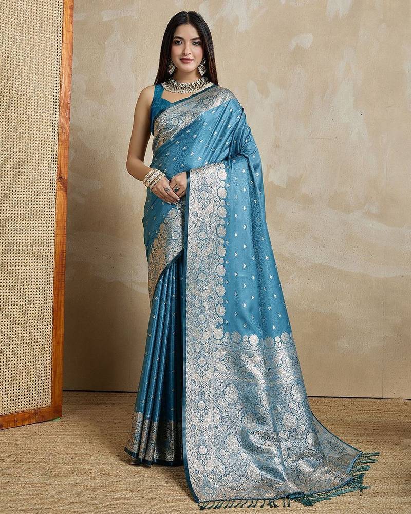 Teal woven design zardozi satin mysore silk saree