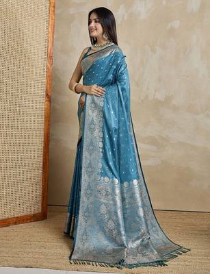 Teal woven design zardozi satin mysore silk saree 2