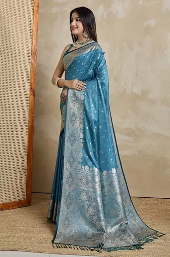 Teal woven design zardozi satin mysore silk saree