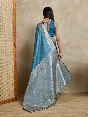 Teal woven design zardozi satin mysore silk saree 3
