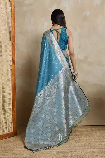 Teal woven design zardozi satin mysore silk saree
