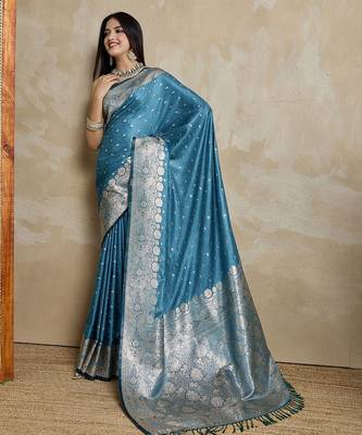 Teal woven design zardozi satin mysore silk saree 4