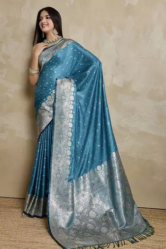 Teal woven design zardozi satin mysore silk saree
