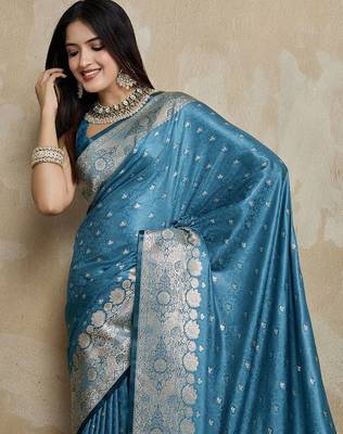 Teal woven design zardozi satin mysore silk saree 5