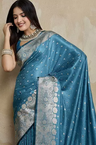 Teal woven design zardozi satin mysore silk saree