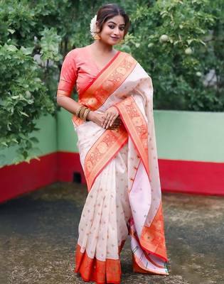 White woven design zari silk blend baluchari saree 1