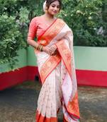 White woven design zari silk blend baluchari saree
